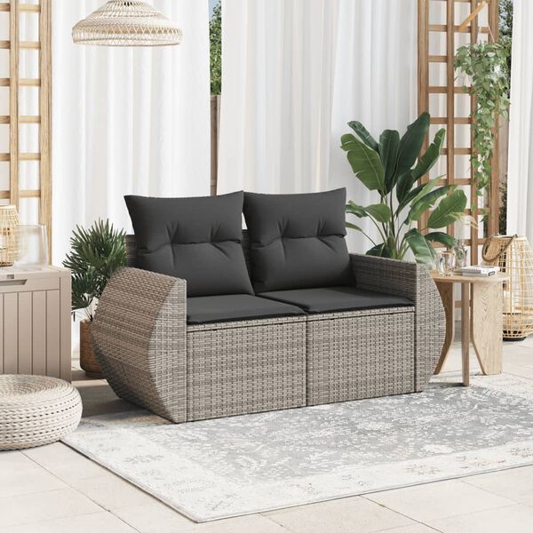 vidaXL Garden Sofa with Cushions 2-Seater Grey Poly Rattan
