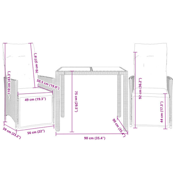 vidaXL 3 Piece Garden Bistro Set with Cushions Grey Poly Rattan