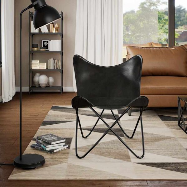 vidaXL Butterfly Chair Black Real Leather
