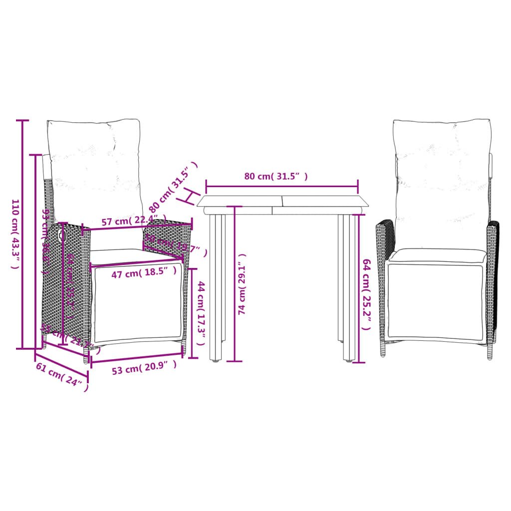 vidaXL 3 Piece Garden Dining Set with Cushions Grey Poly Rattan