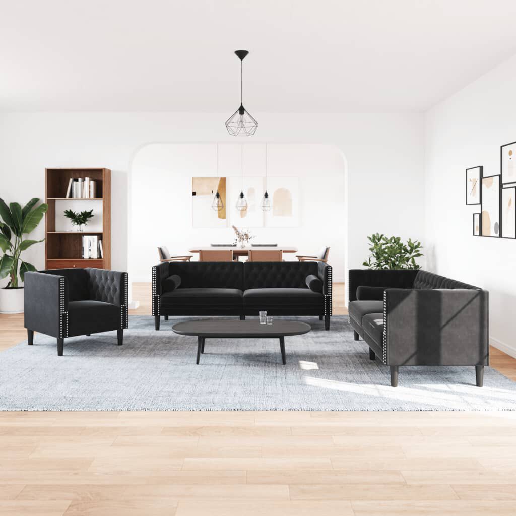 vidaXL 3 Piece Chesterfield Sofa Set with Bolsters Black Velvet