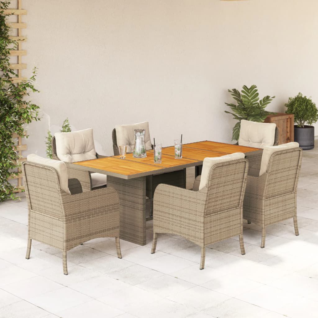vidaXL 7 Piece Garden Dining Set with Cushions Beige Poly Rattan