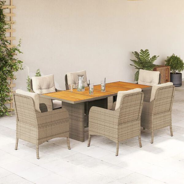 vidaXL 7 Piece Garden Dining Set with Cushions Beige Poly Rattan