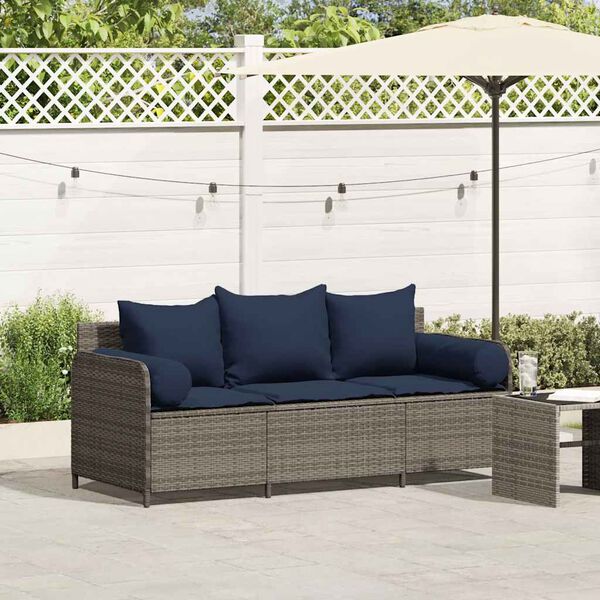 vidaXL Garden Sofa with Cushions 3-Seater Grey Poly Rattan
