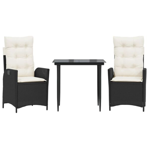 vidaXL 3 Piece Garden Dining Set with Cushions Black Poly Rattan