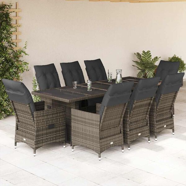 vidaXL 9 Piece Garden Bistro Set with Cushions Grey Poly Rattan
