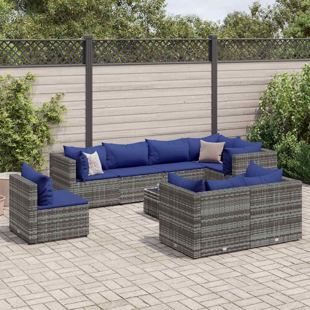 vidaXL 9 Piece Garden Lounge Set with Cushions Grey Poly Rattan