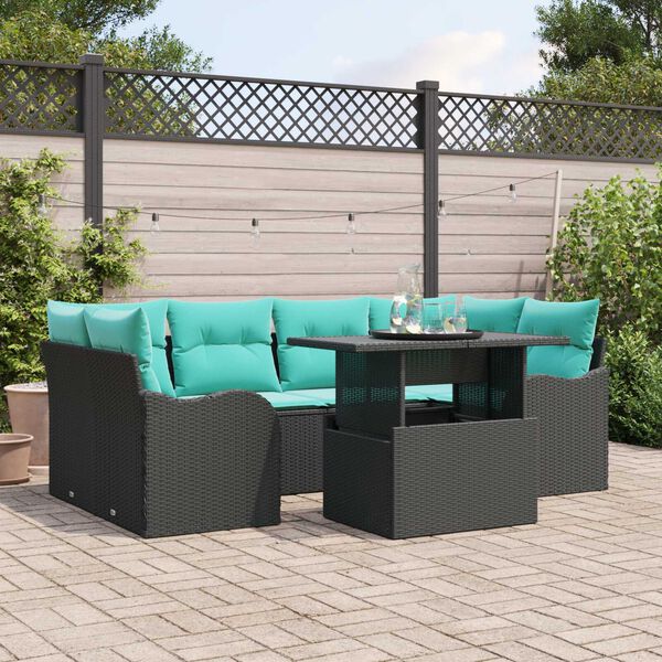 vidaXL 7 Piece Garden Sofa Set with Cushions Black Poly Rattan