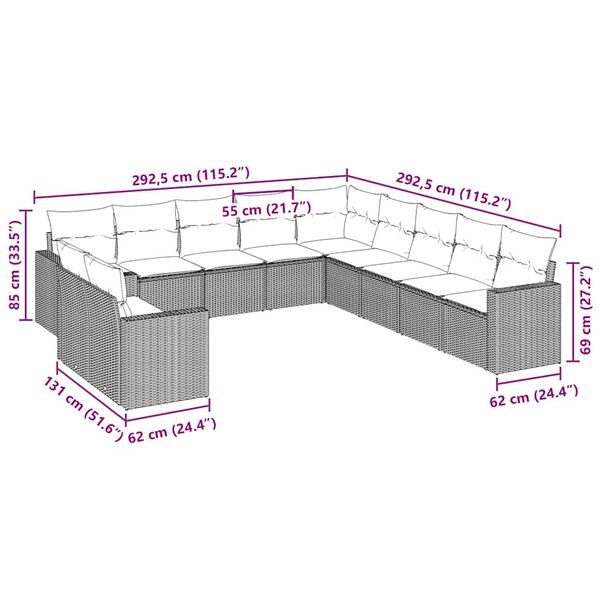vidaXL 11 Piece Garden Sofa Set with Cushions Black Poly Rattan