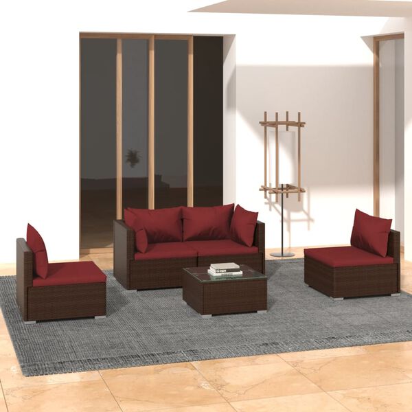 vidaXL 5 Piece Garden Lounge Set with Cushions Poly Rattan Brown