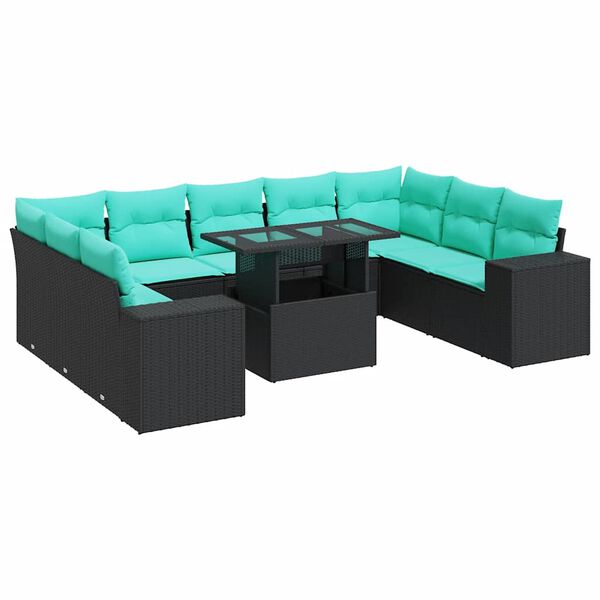 vidaXL 10 Piece Garden Sofa Set with Cushions Black Poly Rattan Acacia