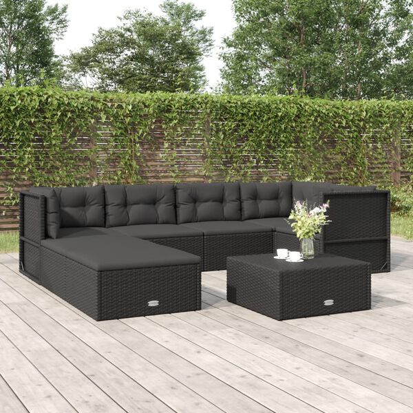 vidaXL 7 Piece Garden Lounge Set with Cushions Black Poly Rattan
