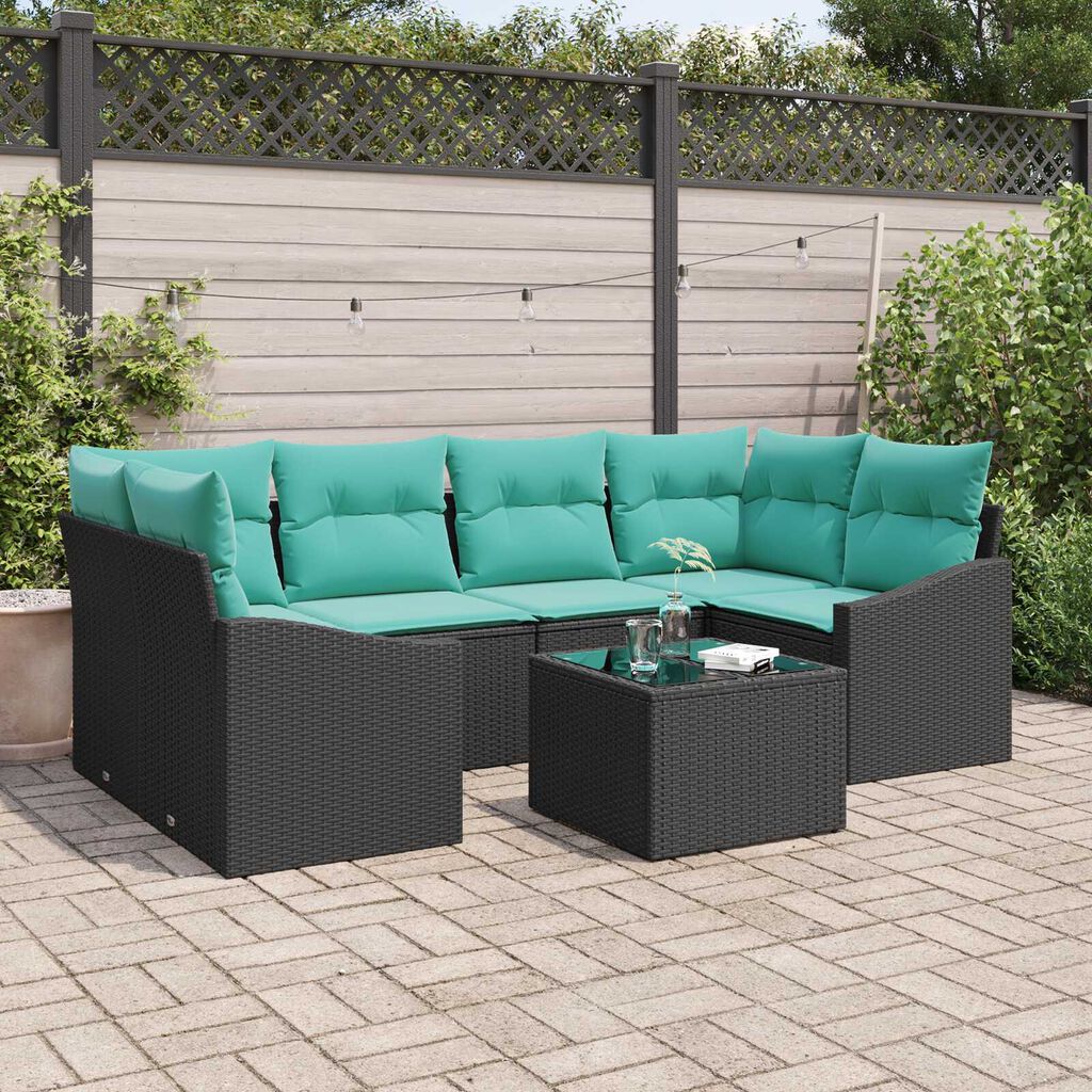 vidaXL 7 Piece Garden Sofa Set with Cushions Black Poly Rattan