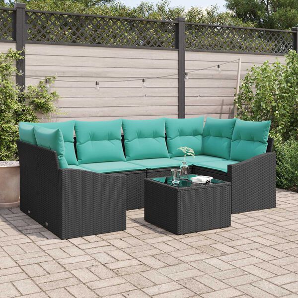 vidaXL 7 Piece Garden Sofa Set with Cushions Black Poly Rattan