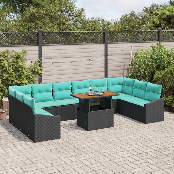 vidaXL 11 Piece Garden Sofa Set with Cushions Black Poly Rattan Acacia