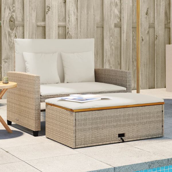 vidaXL Garden Sofa with Cushions 2-Seater Beige Poly Rattan&Acacia Wood