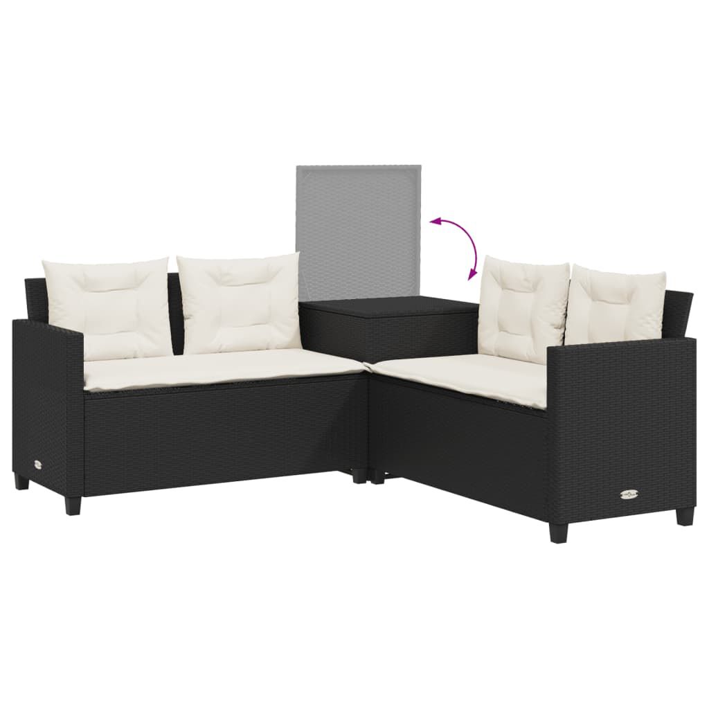 vidaXL Garden Sofa with Table and Cushions L-Shaped Black Poly Rattan