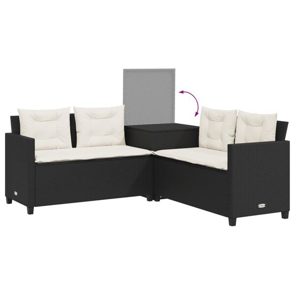 vidaXL Garden Sofa with Table and Cushions L-Shaped Black Poly Rattan