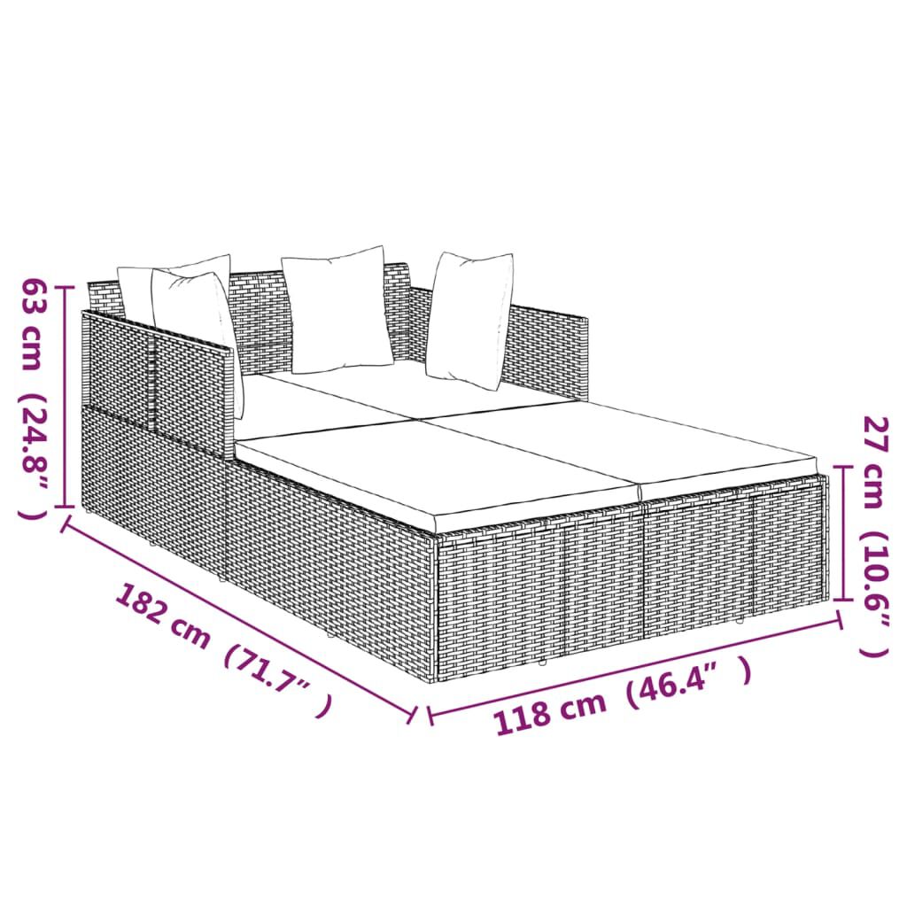 vidaXL Sunbed with Cushions Black 182x118x63 cm Poly Rattan