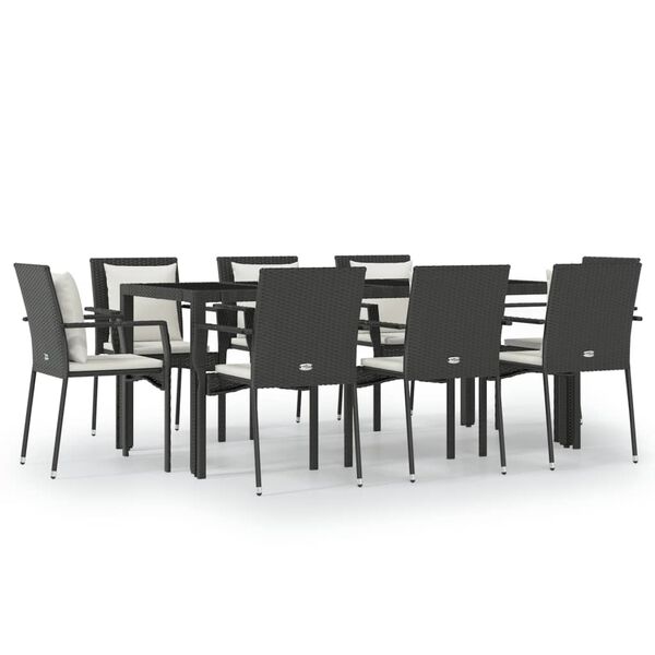 vidaXL 9 Piece Garden Dining Set with Cushions Black Poly Rattan