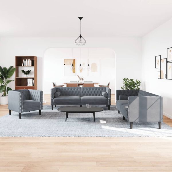 vidaXL 3 Piece Chesterfield Sofa Set with Bolsters Dark Grey Velvet