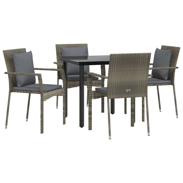 vidaXL 5 Piece Garden Dining Set with Cushions Black and Grey Poly Rattan