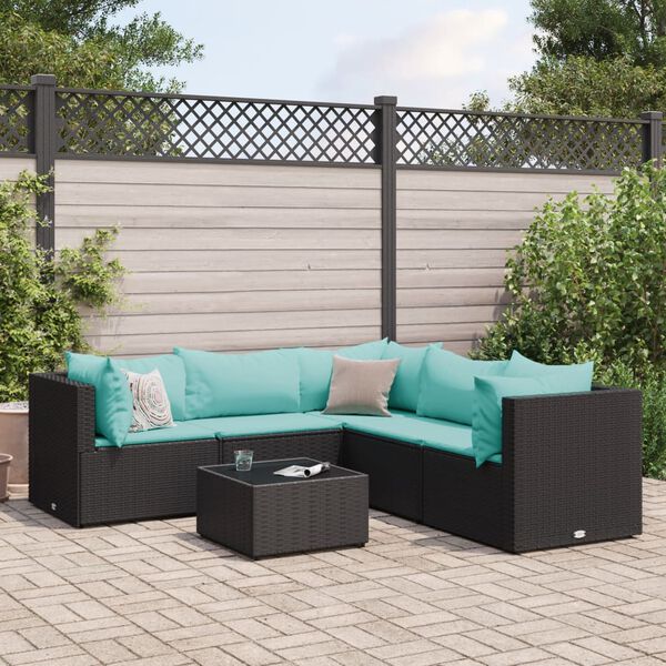 vidaXL 6 Piece Garden Lounge Set with Cushions Black Poly Rattan