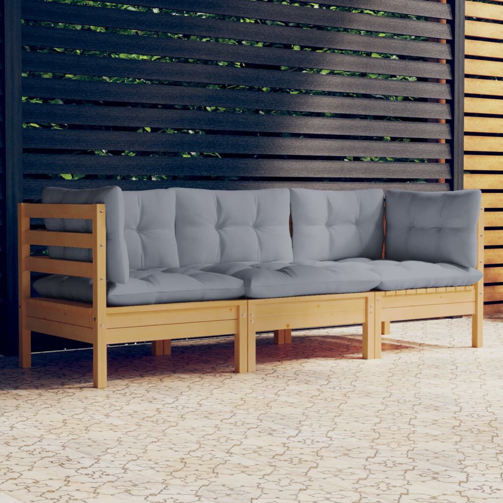 vidaXL 3-Seater Garden Sofa with Grey Cushions Solid Pinewood