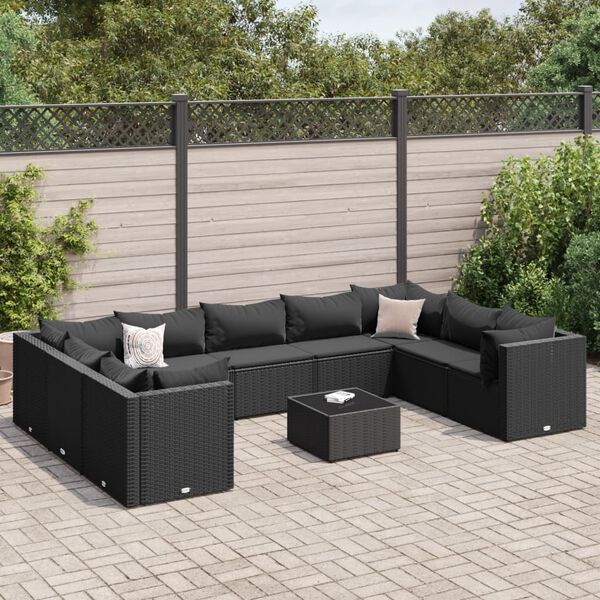vidaXL 10 Piece Garden Lounge Set with Cushions Black Poly Rattan