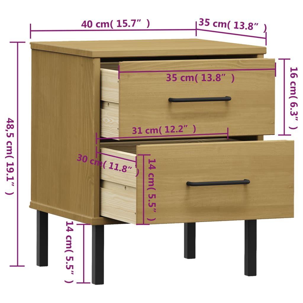 vidaXL Bedside Cabinet with Metal Legs Brown Solid Wood Pine OSLO