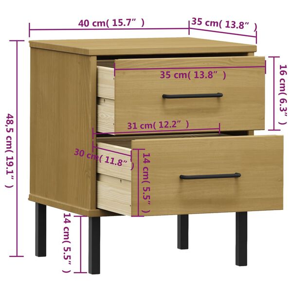 vidaXL Bedside Cabinet with Metal Legs Brown Solid Wood Pine OSLO