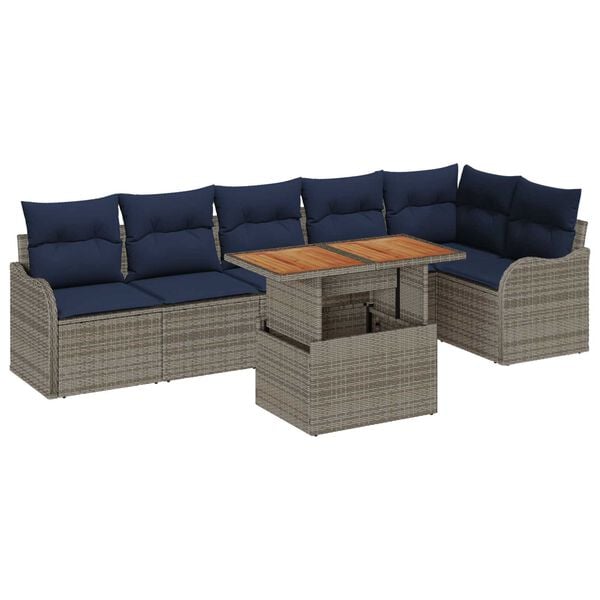vidaXL 7 Piece Garden Sofa Set with Cushions Grey Poly Rattan Acacia