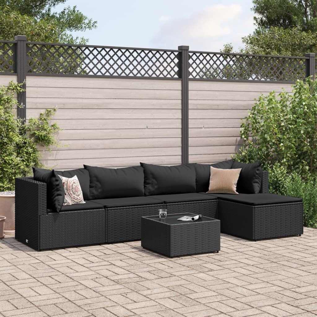 vidaXL 6 Piece Garden Lounge Set with Cushions Black Poly Rattan