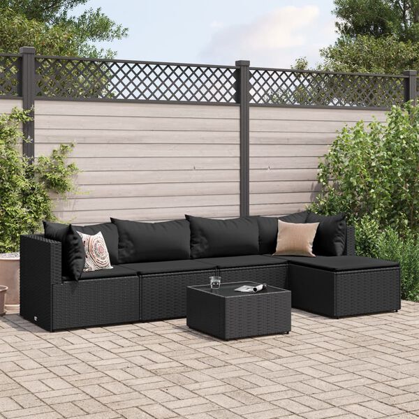 vidaXL 6 Piece Garden Lounge Set with Cushions Black Poly Rattan