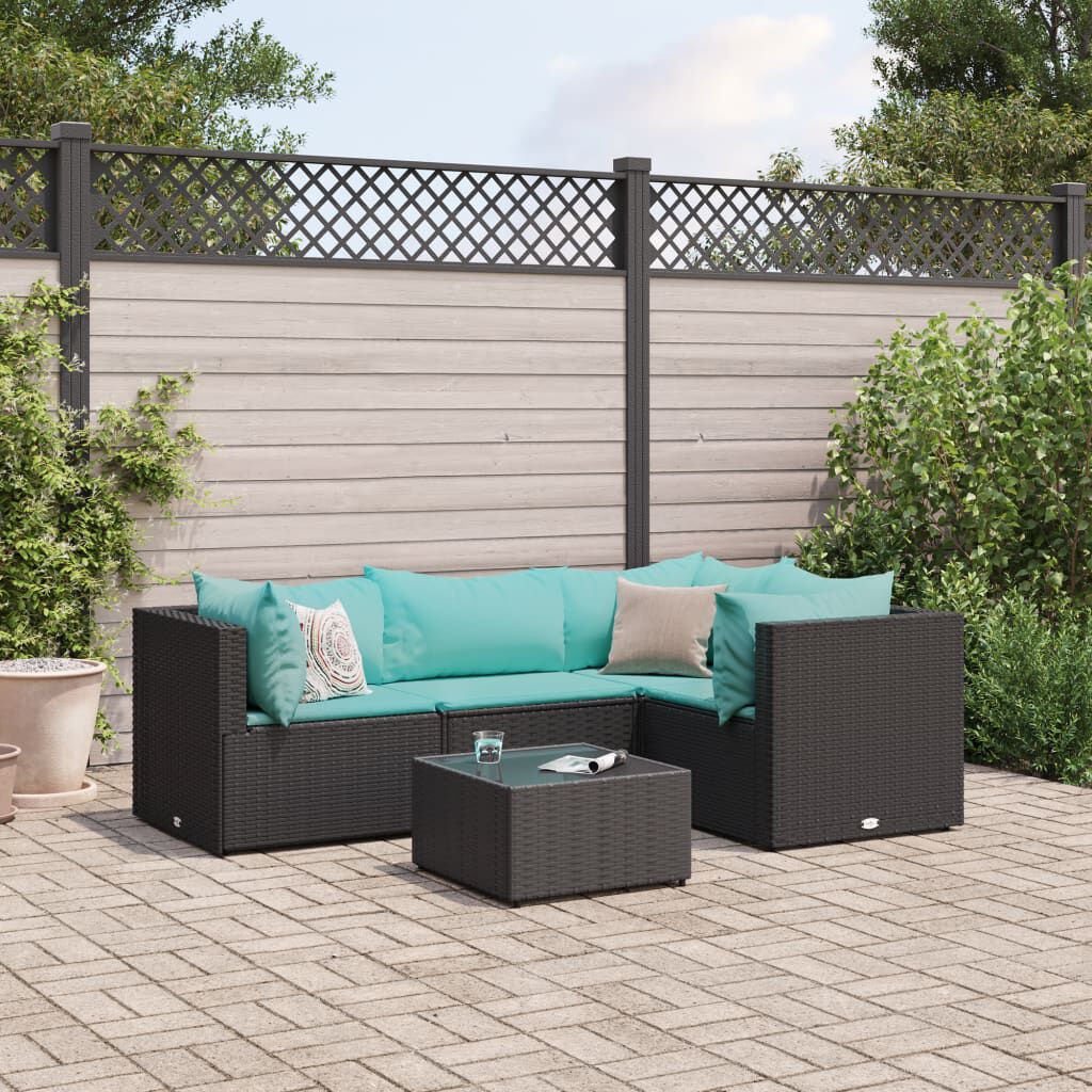 vidaXL 5 Piece Garden Lounge Set with Cushions Black Poly Rattan