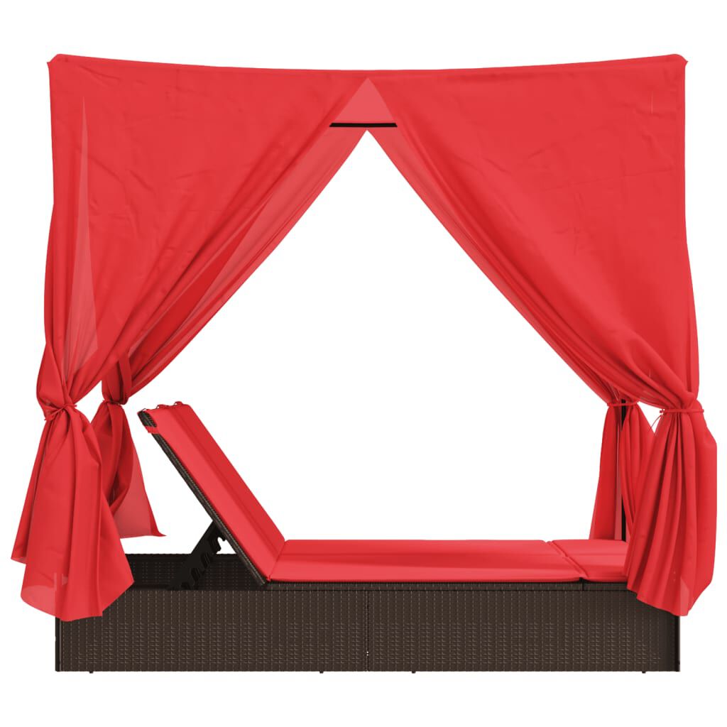 vidaXL Double Sun Lounger with Roof and Curtains Brown Poly Rattan