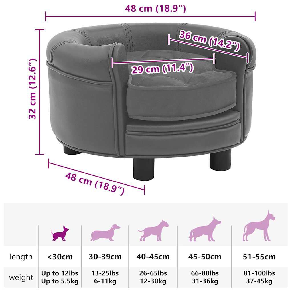 vidaXL Dog Sofa Grey 48x48x32 cm Plush and Faux Leather