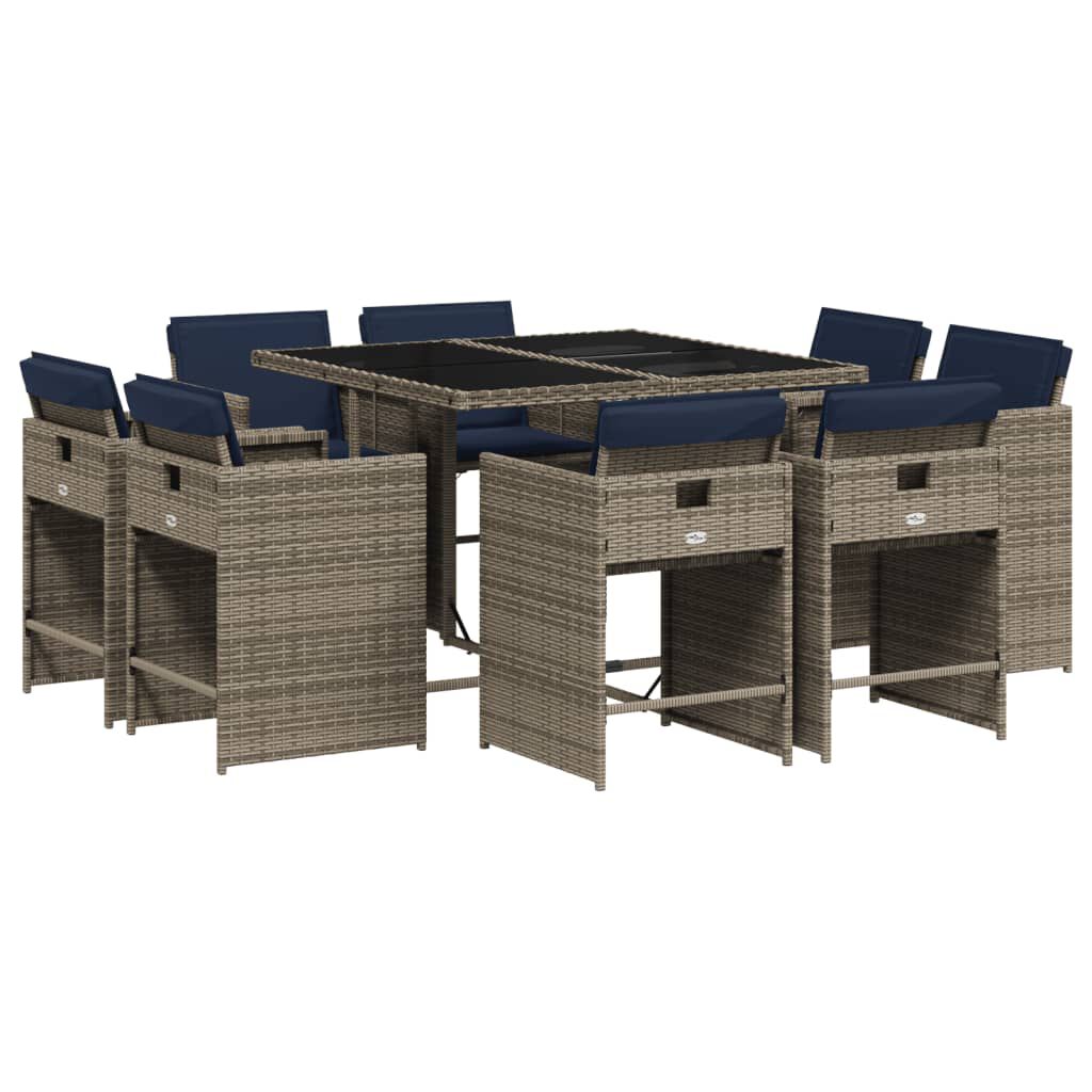 vidaXL 9 Piece Garden Dining Set with Cushions Grey Poly Rattan