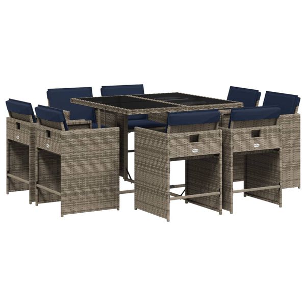 vidaXL 9 Piece Garden Dining Set with Cushions Grey Poly Rattan