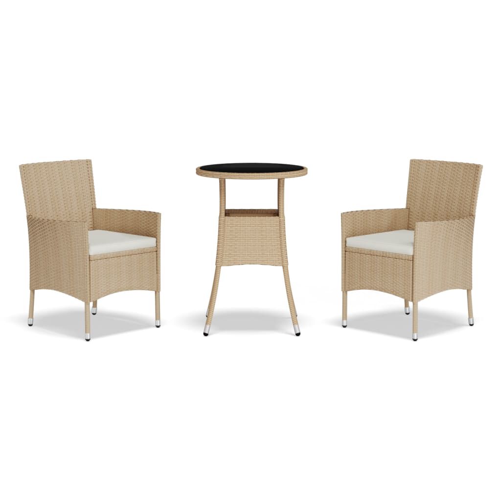 vidaXL 3 Piece Garden Bistro Set with Cushions Beige Poly Rattan