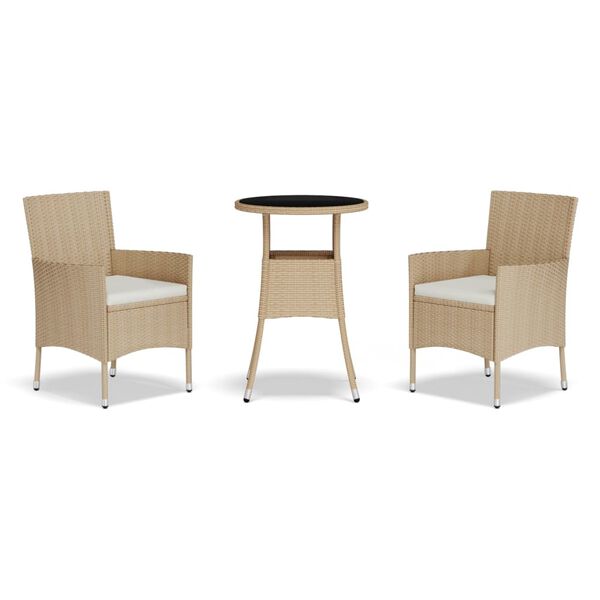 vidaXL 3 Piece Garden Bistro Set with Cushions Beige Poly Rattan