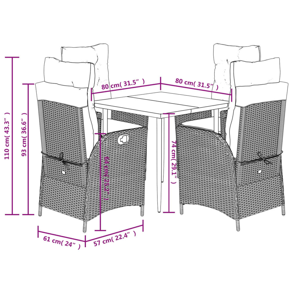 vidaXL 5 Piece Garden Dining Set with Cushions Brown Poly Rattan