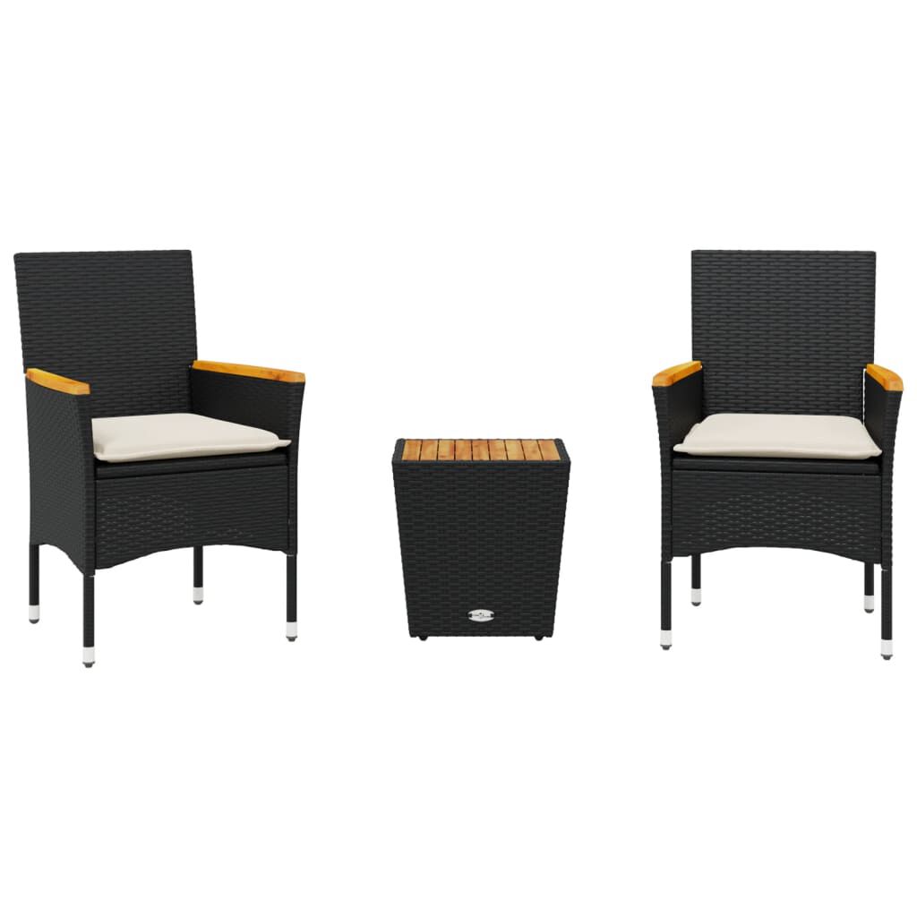 vidaXL 3 Piece Bistro Set with Cushions Black Poly Rattan and Glass