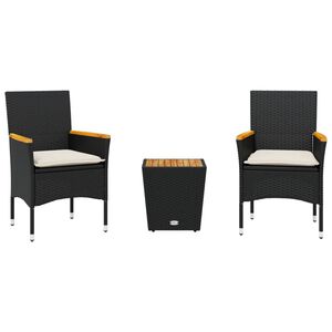 vidaXL 3 Piece Bistro Set with Cushions Black Poly Rattan and Glass