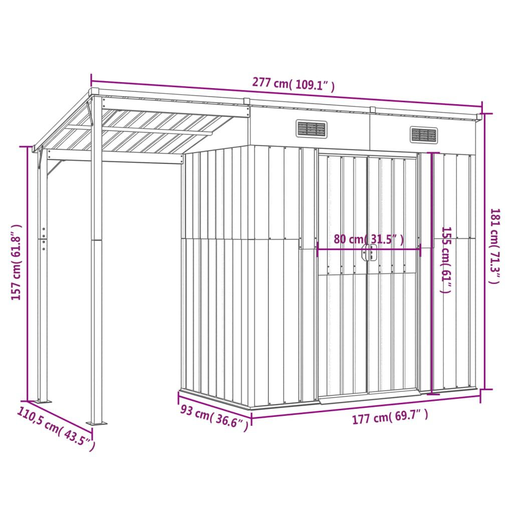 vidaXL Garden Shed with Extended Roof Anthracite 277x110.5x181 cm Steel