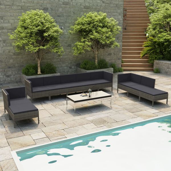 vidaXL 10 Piece Garden Lounge Set with Cushions Poly Rattan Grey