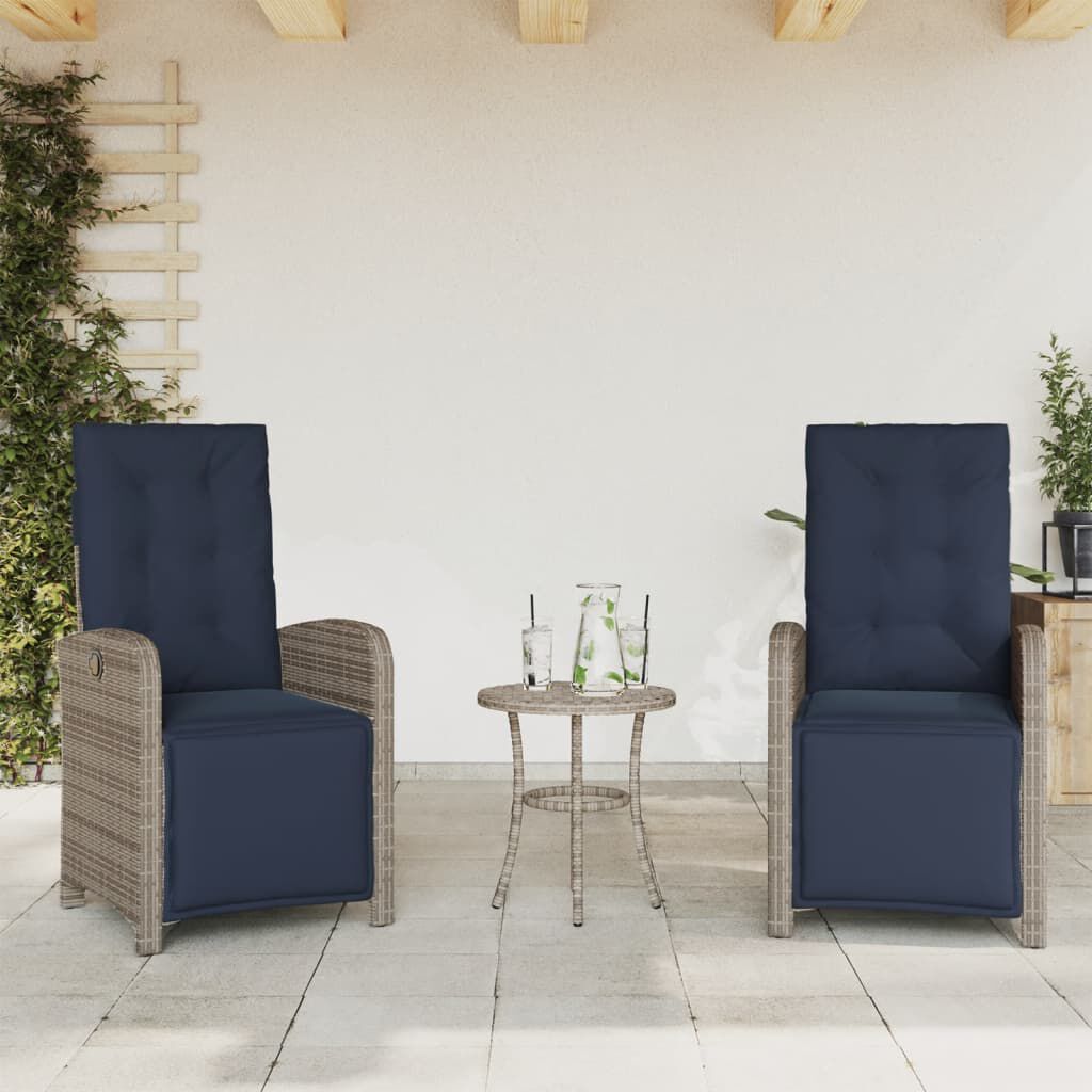 vidaXL 3 Piece Bistro Set with Cushions Grey Poly Rattan