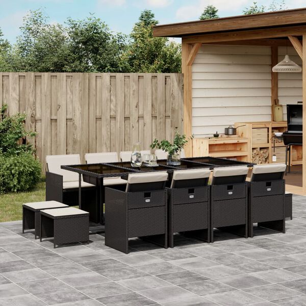 vidaXL 13 Piece Garden Dining Set with Cushions Black Poly Rattan