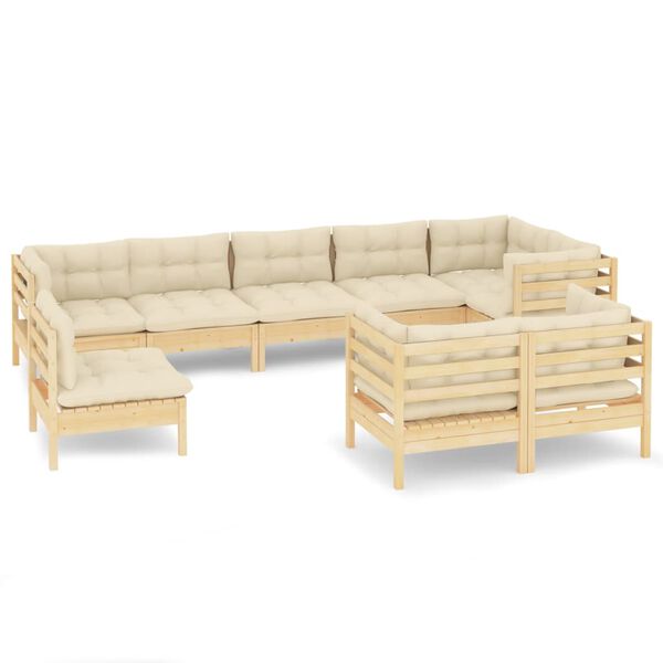 vidaXL 9 Piece Garden Lounge Set with Cream Cushions Solid Pinewood