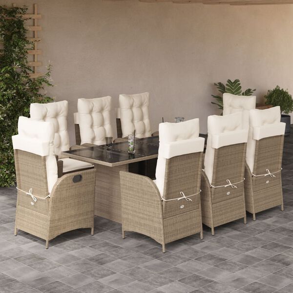 vidaXL 9 Piece Garden Dining Set with Cushions Beige Poly Rattan